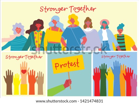 Vector illustration of Happy women holding hands together in the flat style. Concept illustration with colored characters. Stronger together 