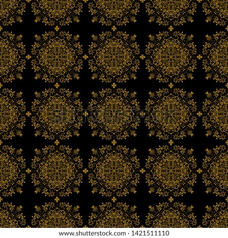 Seamless pattern with golden mandalas on black background. Endless texture for design. Decorative seamless pattern  for greeting cards, decorating interiors, cosmetics and textile.