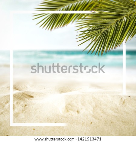 Summer background of sand on beach and ocean landscape. Free space for your decoration and green palms leaves. 