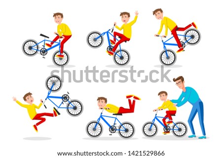 Parenting. The father teaches his son to ride a bicycle. The first bike. Vector illustration of a flat design art