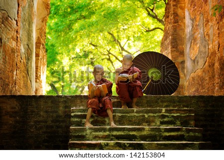 Young Buddhist monk reading outdoors, sitting outside monastery, Myanmar. Royalty-Free Stock Photo #142153804