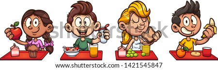 Cartoon kids eating breakfast at school clip art. Vector illustration with simple gradients. Some elements on separate layers. 
