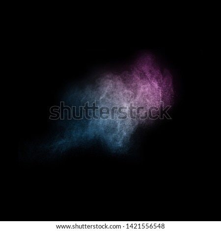 purple and blue ocean powder color splash and brush for makeup artist or graphic design in black background, look like a lively and joyful mood.