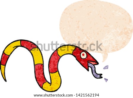 cartoon snake with speech bubble in grunge distressed retro textured style