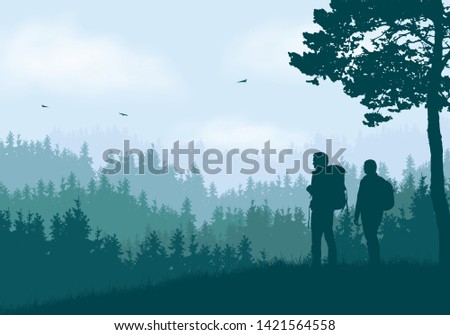 Realistic illustration of mountain landscape with coniferous forest and hills under clear blue and green sky with white clouds. Two hikers, man and woman with backpacks standing and looking - vector