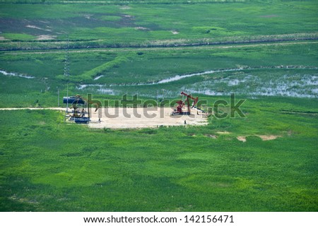 aerial view of oil pumps. Oil industry equipment.