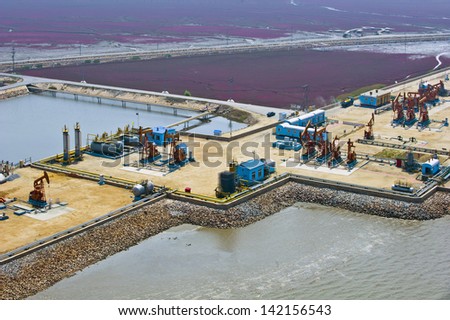 aerial view of oil pumps. Oil industry equipment.