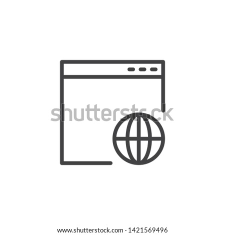 Global website page line icon. Browser window with globe linear style sign for mobile concept and web design. Internet browser web page outline vector icon. Symbol, logo illustration. Vector graphics