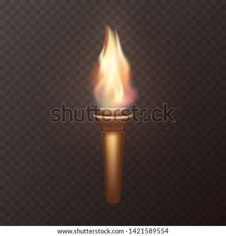 Torch flame isolated on transparent background. 3d medieval light icon. Vector wooden torch with burning fire element design.