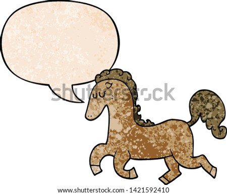 cartoon horse running with speech bubble in retro texture style