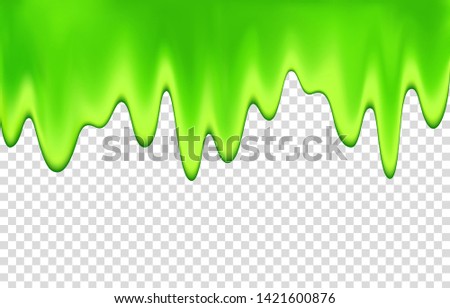 Green slime drip isolated on transparent background. Dripping  paint. Halloween mucus realistic 3d vector illustration.