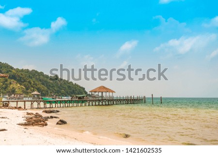 Wooden Pier. Tropical, Sandy Beach. Koh Rong Samloem Island, Cambodia. High Resolution Image.