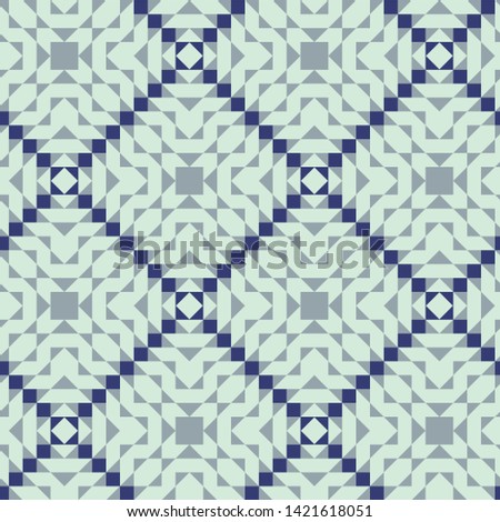 Blue and Mint Green Color Block Tile Shape Mosaic Folk Grid Lattice Mesh Seamless Repeat Vector Pattern.  Aztec, American, Boho, Ethnic.  Geometric.