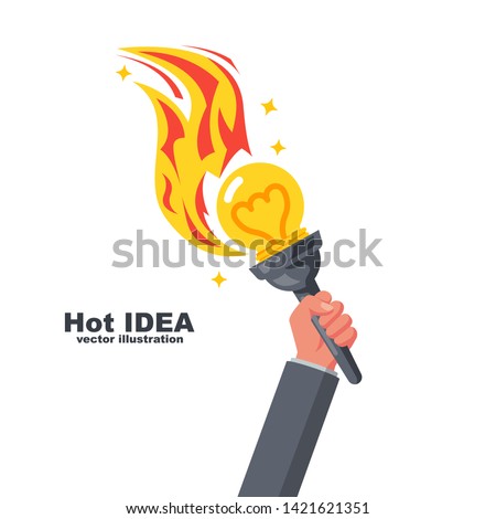 Creative hot idea concept. Hand hold abstract bright burning lamp on a torch. Vector illustration flat design. Isolated on background. Symbol of science education and victory.