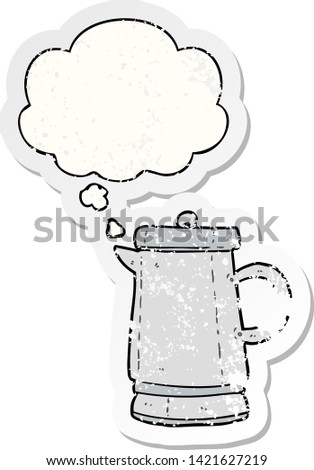 cartoon old kettle with thought bubble as a distressed worn sticker