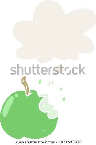 cartoon bitten apple with thought bubble in retro style