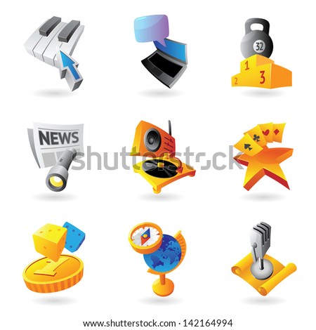 Icons for leisure, travel, sport and arts. Raster version. Vector version is also available.