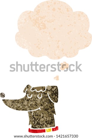 cartoon dog with thought bubble in grunge distressed retro textured style