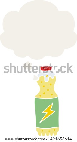 cartoon soda bottle with thought bubble in retro style