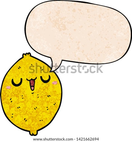 cartoon happy lemon with speech bubble in retro texture style
