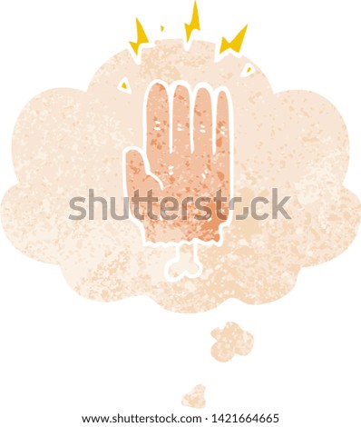 cartoon magic halloween zombie hand with thought bubble in grunge distressed retro textured style