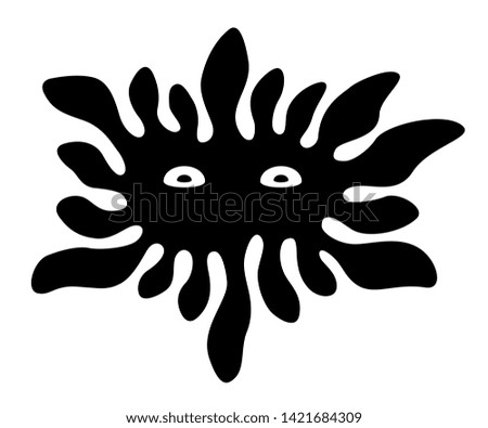 Black spot. Eyes on splash silhouette. Splash with face. Ink blot. Drip black paint. Abstract vector monochrome illustration isolated on white background. Ethnic symbol.