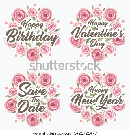 Greeting card message template for happy birthday, valentine's day, wedding and happy new year with flower wreath.