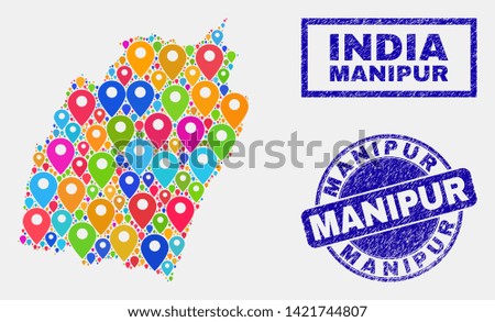 Vector bright mosaic Manipur State map and grunge stamp seals. Abstract Manipur State map is composed from scattered bright site symbols. Stamps are blue, with rectangle and round shapes.