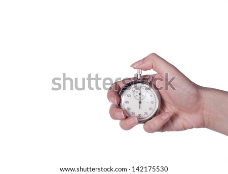 Stopwatch in a female hand on a white