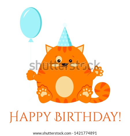 Cartoon flat style vector character happy birtday clip art illustration. Sweet and cute fat red smiling little ginger striped cat with a blue festive cap and balloon icon isolated on white background.