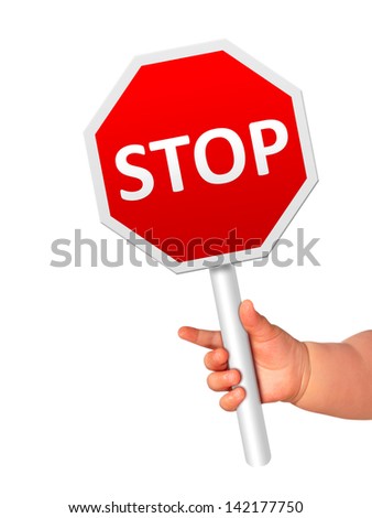 Baby is holding stop sign.
