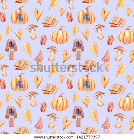 Watercolor seamless pattern on lilac background. Autumn set: pumpkins, mushrooms, leaves, letter
