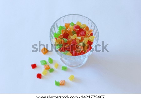 Colorful candied fruits. Colorful candied fruits in a glass bowl. Concept. Selective focus.