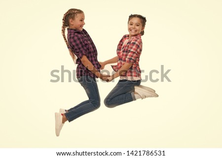 Best friend dressing. Girls friends wear similar outfits have same hairstyle kanekalon braids white background. Sisters family look outfit. Dress similar with best friend. Dress to match your friend.
