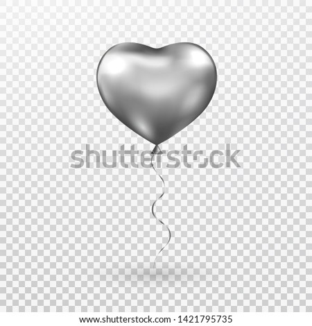 Heart gray balloon on transparent background. Silver helium glossy balloon. Realistic foil baloon for party, Christmas, Birthday, Valentines day, Womens day, wedding. Vector illustration.