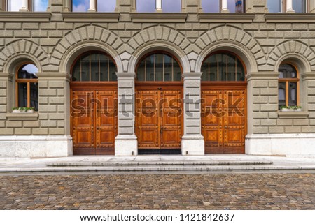 Historical of Antique Architecture for Entrance/Exit Wooden Door With Facade Decorative , Detail Doorway and Flooring Design of Europe Architectural Traditional in Bern City, Switzerland
