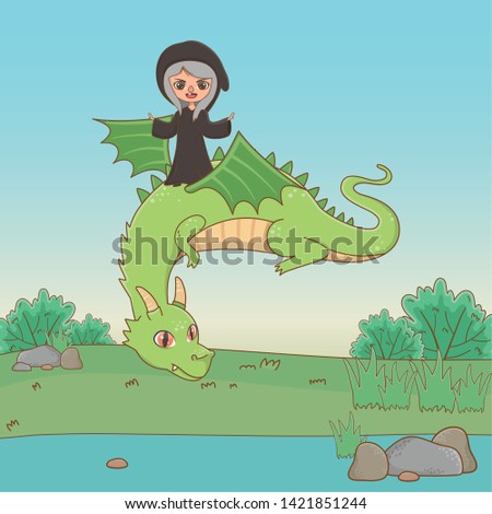 Dragon and witch of fairytale design vector illustration