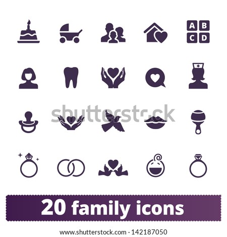 Family icons: vector set of home, love, baby, engagement, wedding signs