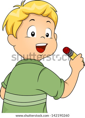 Back View Illustration of Little Kid Boy Holding a Pencil