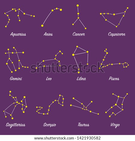Zodiac signs isolated vector. Collection of 12 horoscope constellations. Set of astrology symbols suitable for print and web. Stars in constellations.