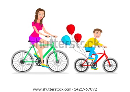 Active family vacation. mother and son are riding on bicycles. Vector illustration.
