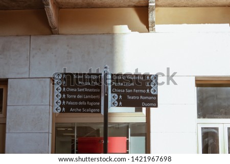 Verona city, Italy, signboard of the places of Verona