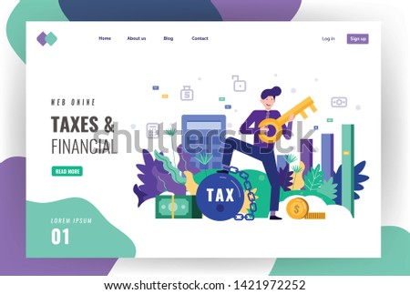 Tax and financial landing page template. Business man with key to unlock tax problem. vector illustration