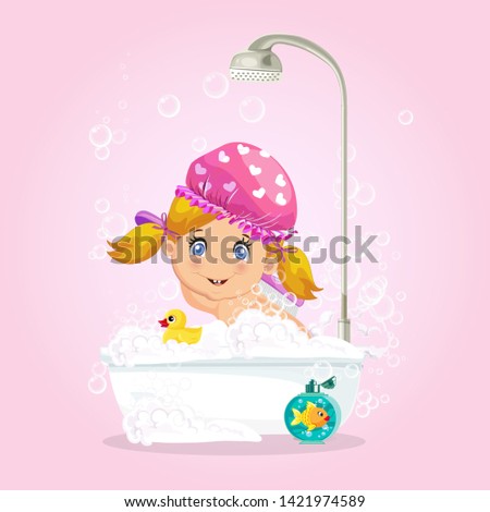 Baby in bath. Cute blonde  girl character washing hat taking  bubble bath with foam, playing with rubber duck and goldfish toys in bathroom isolated on pink background, cartoon vector illustration