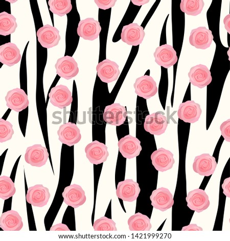 Vector vintage pink roses and leaves on black striped background seamless repeat pattern. Great for retro fabric, wallpaper, scrapbooking projects.