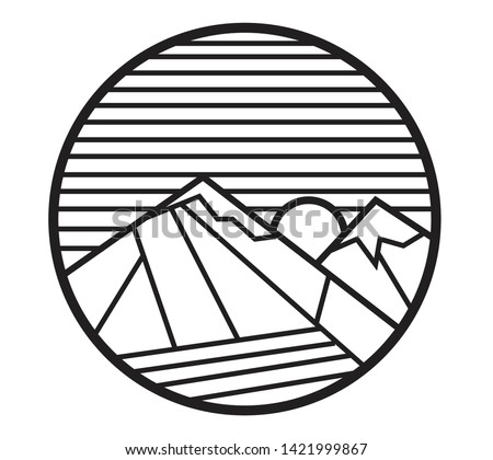 Sea and mountain with sun and sky in linear art style. Editable Clip Art.