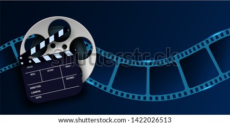 Cinema film strip wave, film reel and clapper board isolated on blue background. 3d movie flyer or poster with place for your text. Template design cinematography concept of film industry. Vector EPS Royalty-Free Stock Photo #1422026513