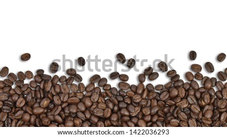 Top view of Brown roasted coffee beans pile on white background view with blank empty copy space. I love coffee. Clipping path.
