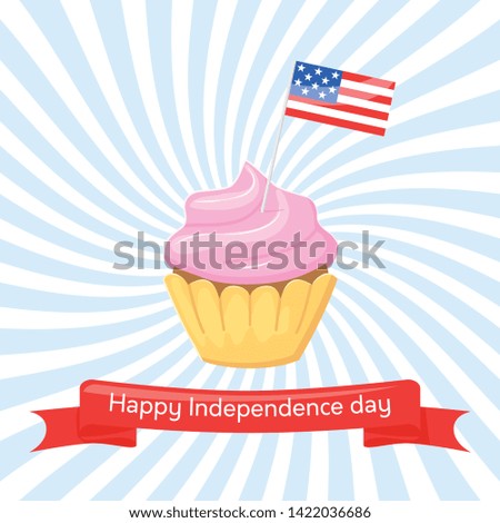 Happy Independence day USA. Vector greeting card for 4th of July with cupcake and flag USA