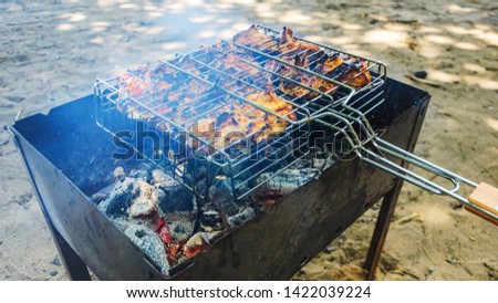 Cooking grilled chicken on hot coals. Outdoor barbecue